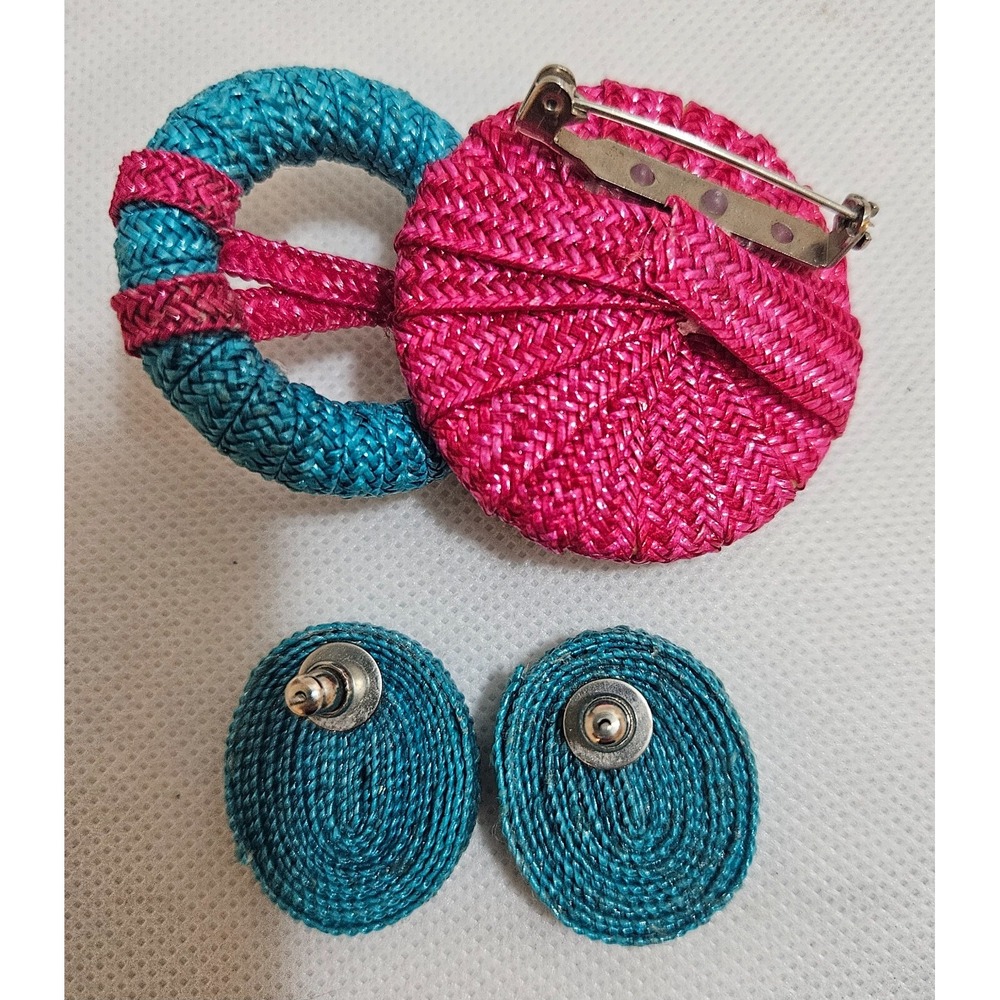 Vintage HOT Pink and Turquoise Blue Raffia Weave Oval Earrings Brooch Pin‎ 80's - Picture 5 of 9